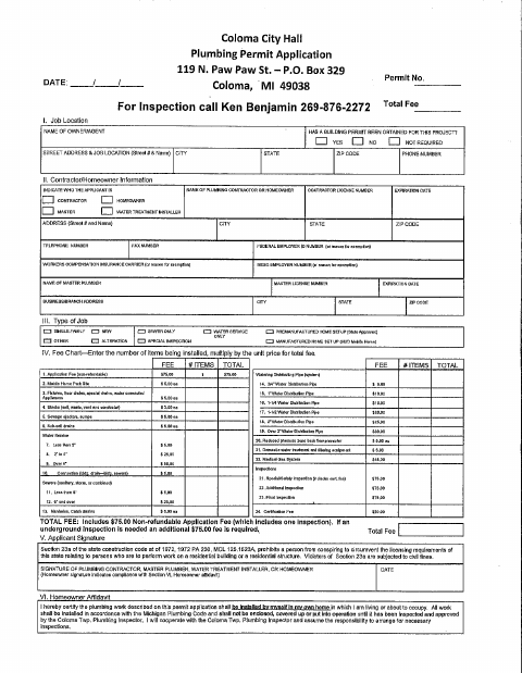 First page of the Plumbing Permit Application