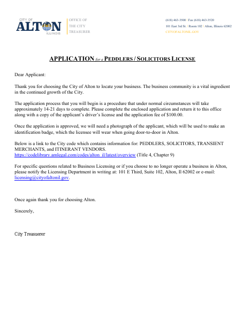 First page of the Peddlers/Solicitors License Application