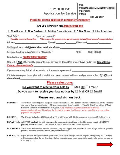 First page of the Application for Service
