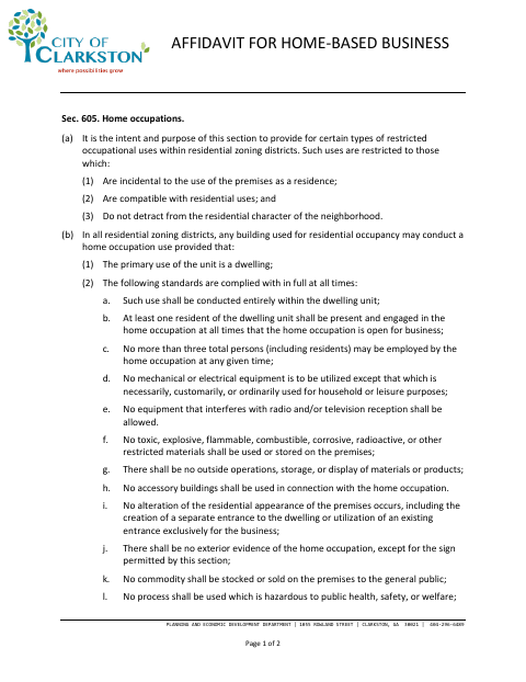 First page of the Affidavit for Home-Based Business