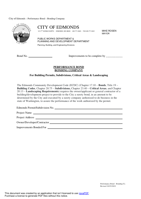 First page of the General Performance Bond – Bonding Company