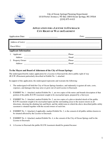 First page of the License to Encroach Application
