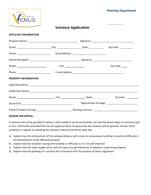 First page of the Variance Application