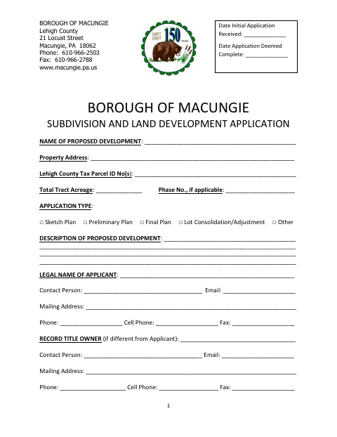 First page of the Subdivision and Land Development Application