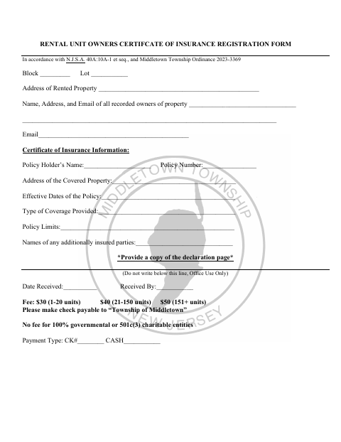 First page of the Rental Unit Owners Certificate Of Insurance Registration Form