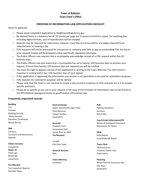 First page of the Freedom of Information Law (FOIL) Request Application