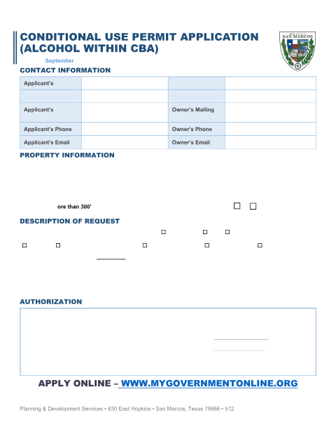 First page of the Conditional Use Permit Application (Alcohol Within CBA)