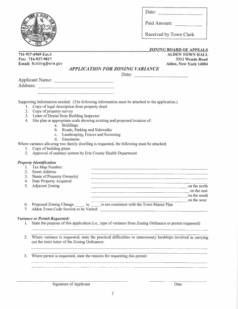 First page of the Application for Zoning Variance