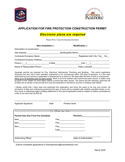 First page of the Fire Protection Construction Permit Application