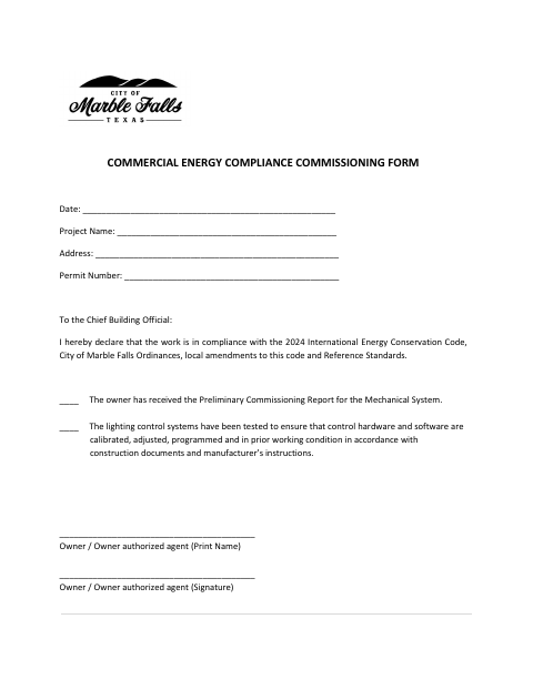 First page of the Commercial Energy Compliance Commissioning Form
