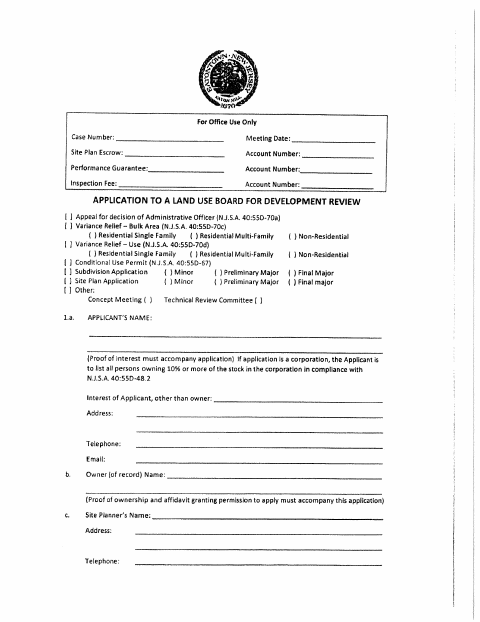 First page of the Land Use Board Development Review Application