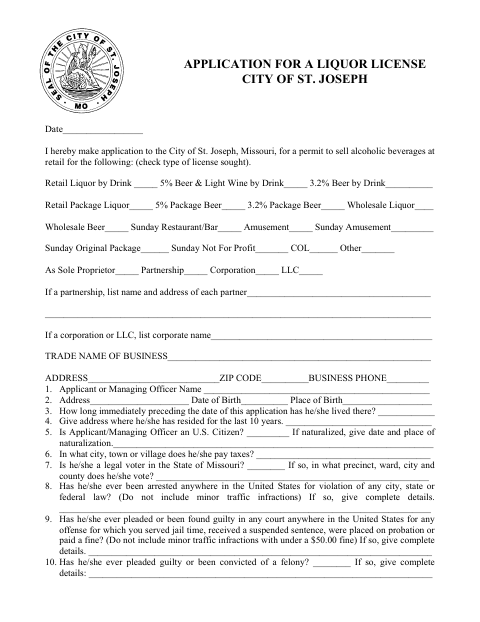 First page of the Application for a Liquor License