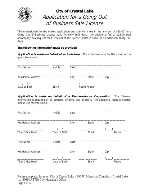 First page of the Going Out of Business Sale License Application