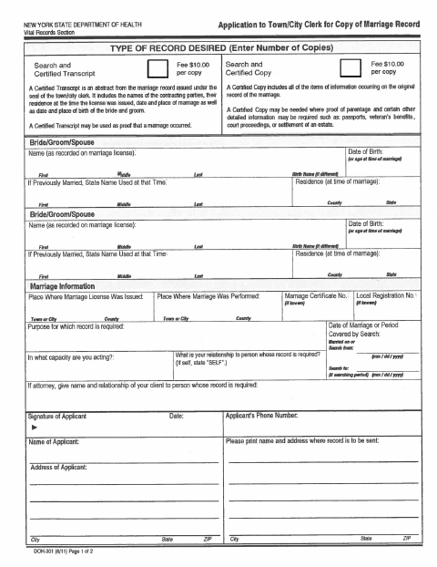 First page of the Marriage Record Certified Copy Application
