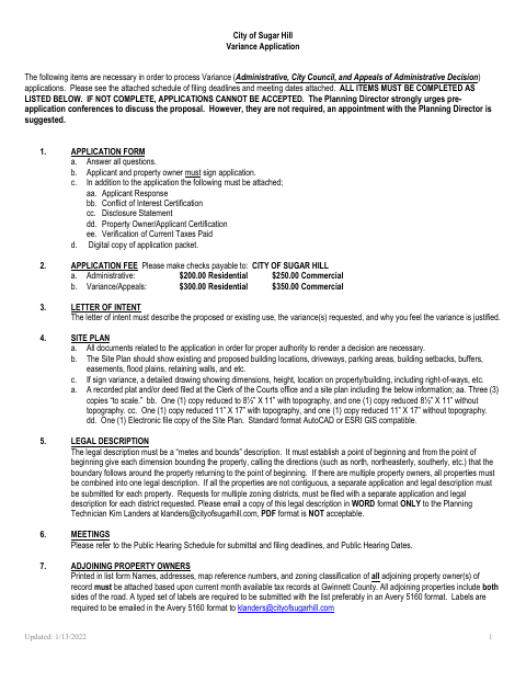 First page of the Variance Application