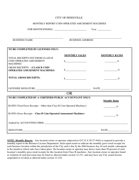 First page of the Monthly Report – Coin-Operated Amusement Machines
