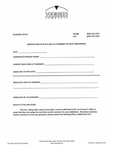 First page of the Certification of Block and Lot Numbers for New Subdivisions