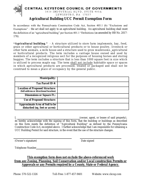 First page of the Agricultural Building UCC Permit Exemption Form
