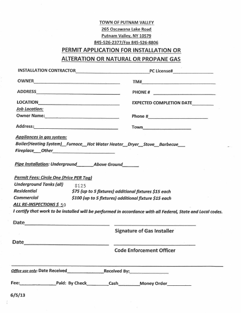 First page of the Permit Application for Installation or Alteration of Natural or Propane Gas Installation