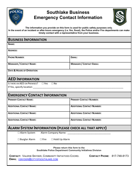 First page of the Business Emergency Contact Information