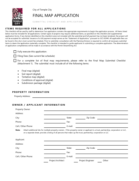 First page of the Final Map Application