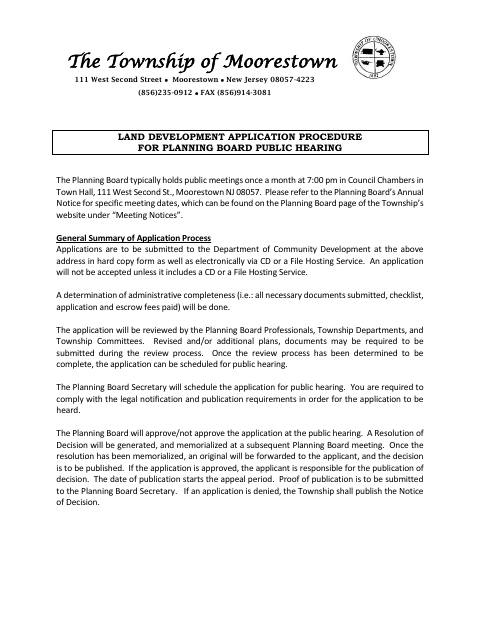 First page of the Planning Board Land Development Application