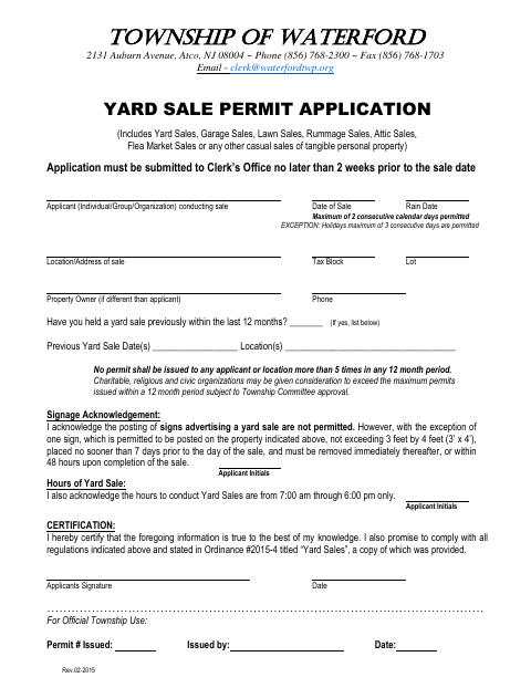 First page of the Yard Sale Permit Application