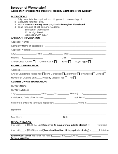 First page of the Application for Residential Transfer of Property Certificate of Occupancy