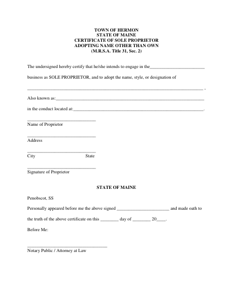 First page of the Certificate of Sole Proprietor Adopting Name Other Than Own