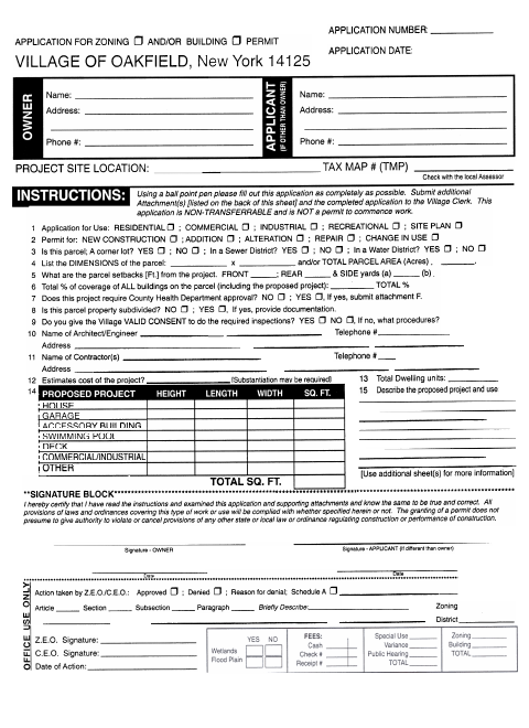 First page of the Application for Zoning and/or Building Permit