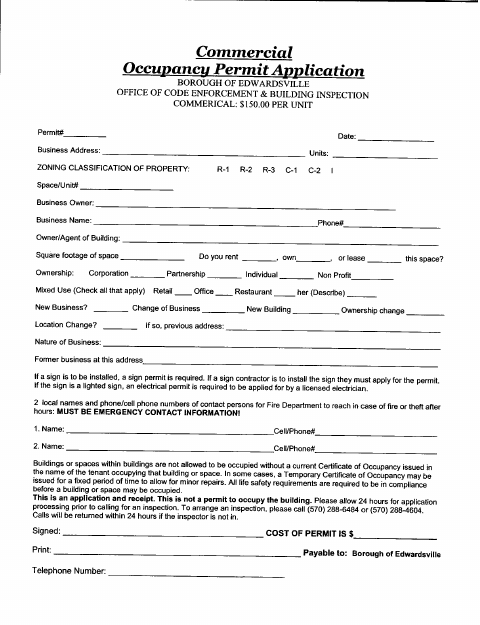 First page of the Commercial Occupancy Permit Application