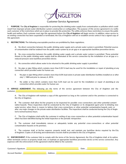 First page of the Customer Service Agreement