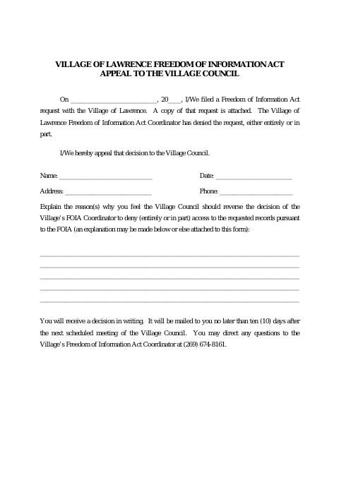 First page of the Freedom of Information Act Appeal to the Village Council
