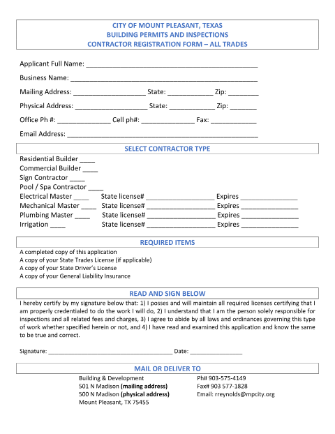 First page of the Contractor Registration Form – All Trades