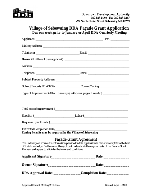 First page of the DDA Façade Grant Application
