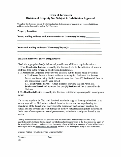 First page of the Division of Property Not Subject to Subdivision Approval
