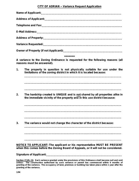 First page of the Zoning Variance Request Application