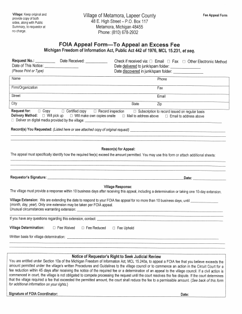 First page of the FOIA Excess Fee Appeal Form