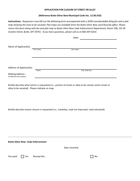First page of the Application for Closure of Street or Alley