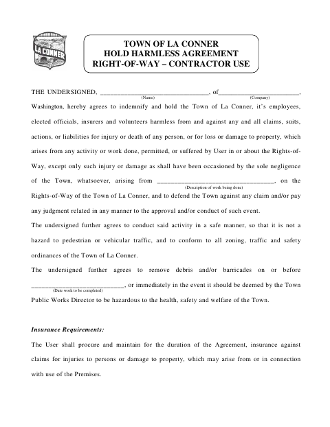 First page of the Hold Harmless Agreement Right-of-Way Contractor Use
