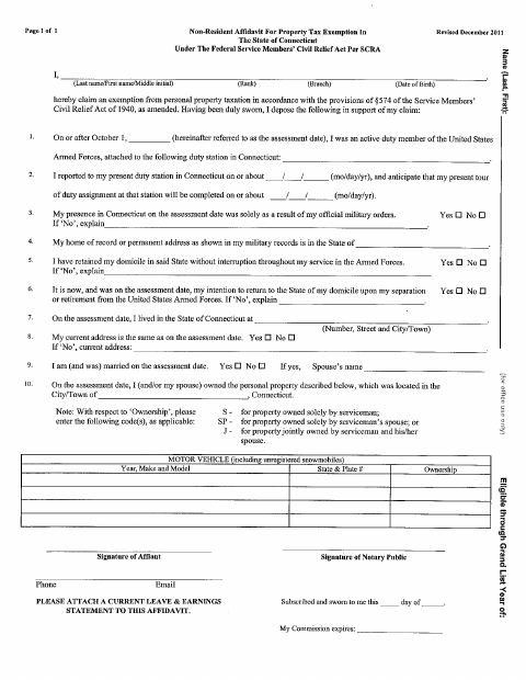 First page of the Non-Resident Affidavit for Property Tax Exemption