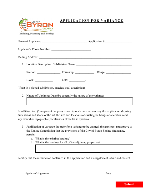 First page of the Application for Variance