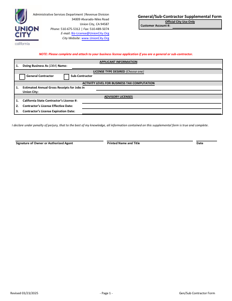 First page of the General/Sub-Contractor Supplemental Form