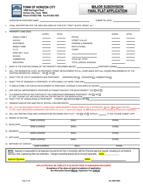 First page of the Subdivision Final Plat Approval Application