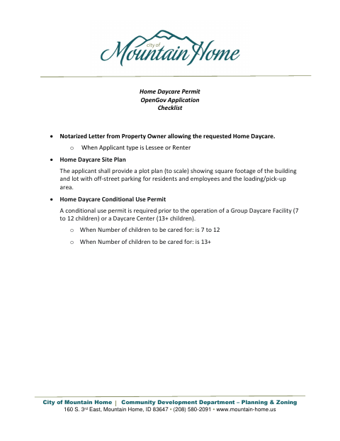 First page of the Home Daycare Permit Application Checklist
