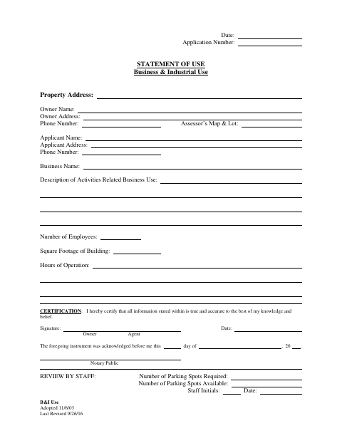 First page of the Business & Industrial Use Statement