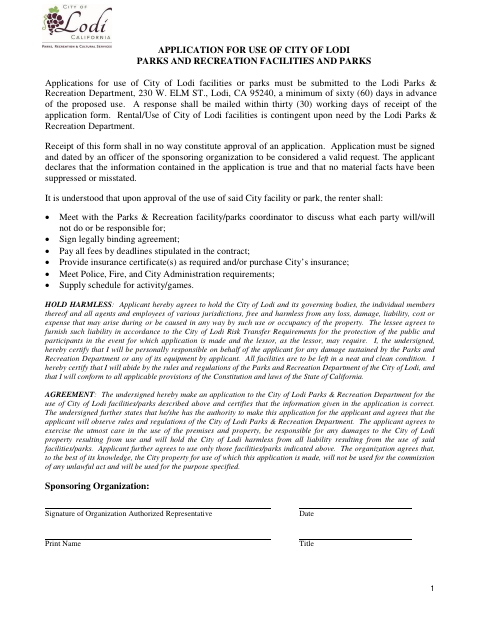 First page of the Application For Use Of City Of Lodi Parks And Recreation Facilities And Parks