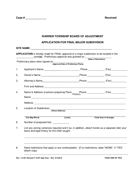 First page of the Final Major Subdivision Application