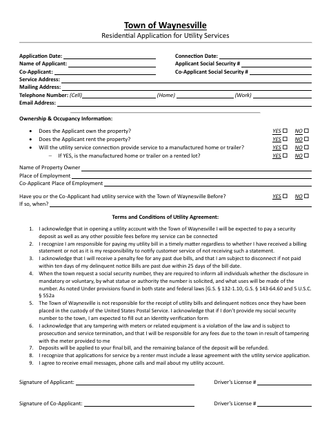 First page of the Residential Application for Utility Services
