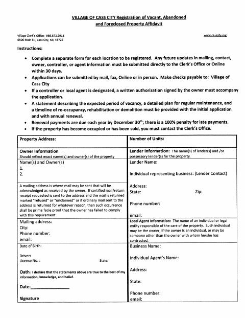 First page of the Registration of Vacant, Abandoned and Foreclosed Property